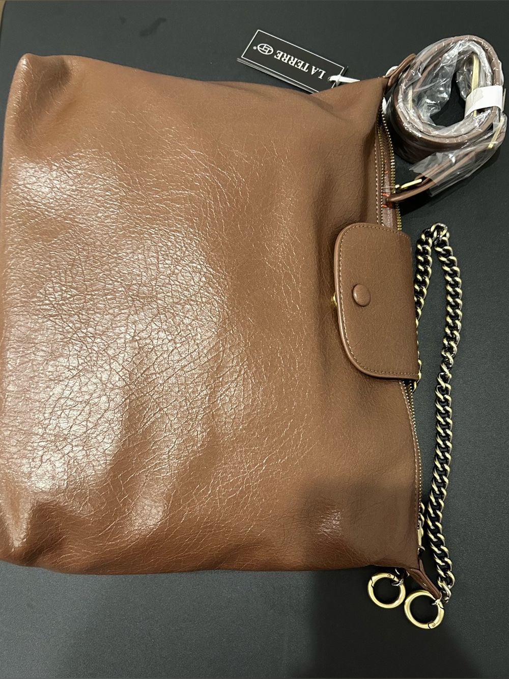 La Terre Tan Vegan Leather Shoulder Bag with Chain Strap